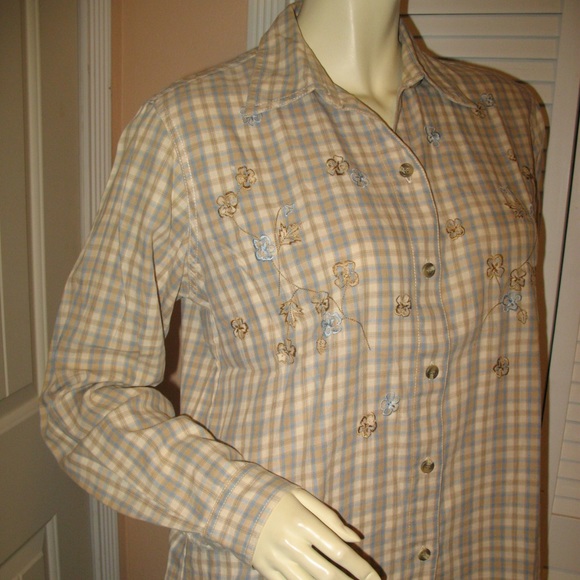 Vintage Y2K 90s 80s Liz Claiborne Button Up Shirt Top Plaid Khaki Preppy Western - Picture 2 of 8